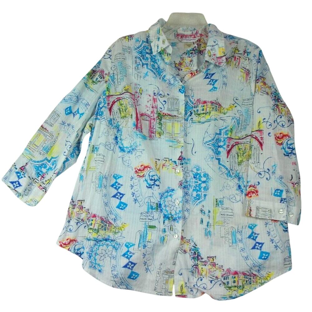 Allison Daley Button-Up‎ Shirt Women Size 2X Print 3/4 Sleeve Cotton